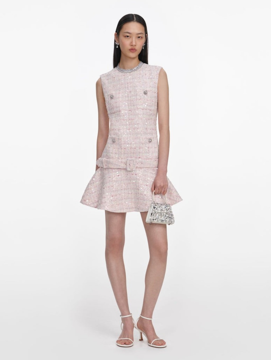 Self-Portrait Pink Sequin Boucle Belted Mini Dress